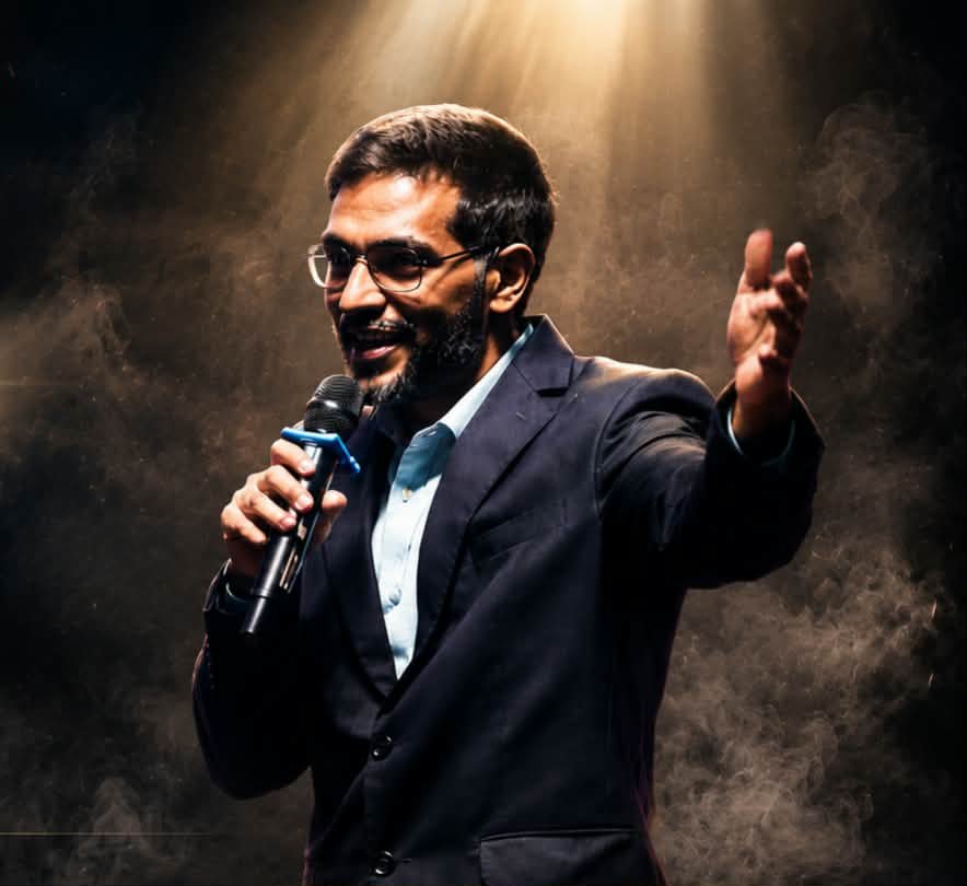 Sumit speaking on stage
